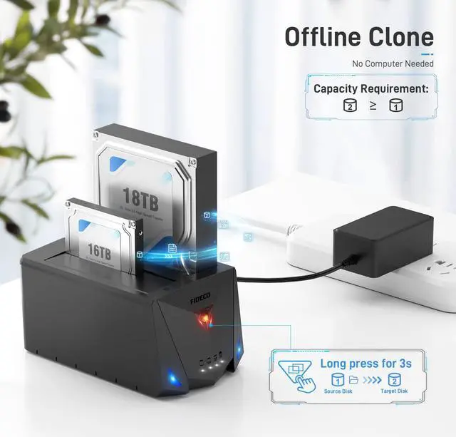 Alt view image 3 of 5 - FIDECO USB 3.2 Gen 1 to Hard Drive Docking Station, Hard Drive Dock for 2.5 or 3.5 inch SATA I/II/III HDD SSD with Hard Drive Duplicator/Offline Clone Function and 2 USB Cables, Support UASP