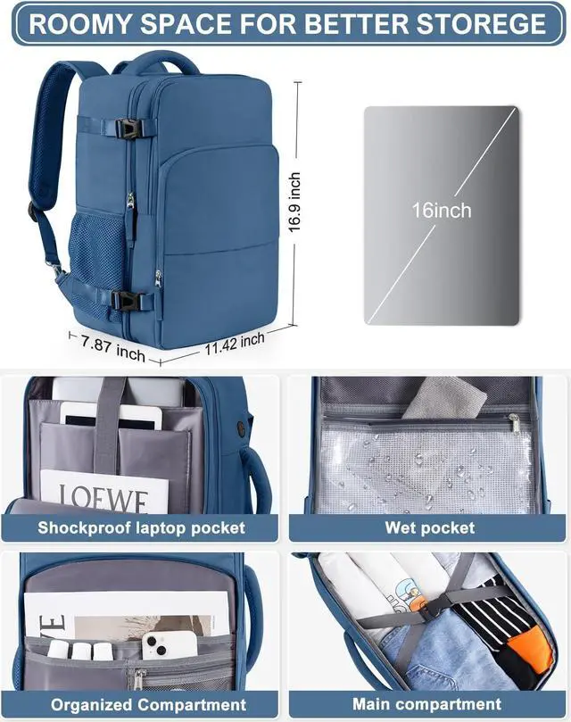 Alt view image 5 of 5 - Beraliy Travel Backpack, Carry On Laptop Backpack for Women Men, Airline Approved Personal Item Trave Bag, Lightweight Luggage College Work Weekender Business Bag for Travel, Dark Blue