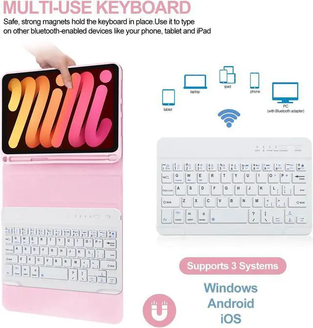 Alt view image 4 of 5 - iPad Mini 7th Gen Keyboard Case 2024,Boriyuan Detachable Bluetooth Keyboard Slim Folio Smart Cover with Build-in Pencil Holder for iPad Mini (A17 Pro) 7th Gen 2024 / iPad Mini 6th Gen 8.3 Inch, Pink