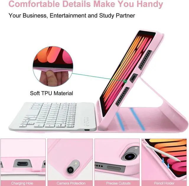 Alt view image 5 of 5 - iPad Mini 7th Gen Keyboard Case 2024,Boriyuan Detachable Bluetooth Keyboard Slim Folio Smart Cover with Build-in Pencil Holder for iPad Mini (A17 Pro) 7th Gen 2024 / iPad Mini 6th Gen 8.3 Inch, Pink