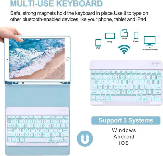 Alt view image 2 of 5 - BORIYUAN iPad Keyboard Case 9.7 inch for iPad 6th Generation(2018)/iPad 5th Gen(2017)/iPad Air 2&1/iPad Pro 9.7-7 Colors Backlit, Detachable Keyboard, Auto Wake/Sleep, Pencil Holder (Sky Blue)