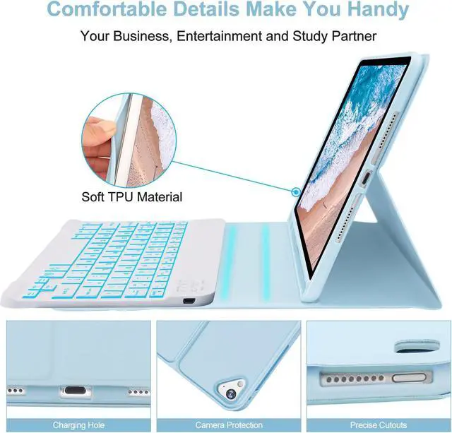Alt view image 5 of 5 - BORIYUAN iPad Keyboard Case 9.7 inch for iPad 6th Generation(2018)/iPad 5th Gen(2017)/iPad Air 2&1/iPad Pro 9.7-7 Colors Backlit, Detachable Keyboard, Auto Wake/Sleep, Pencil Holder (Sky Blue)