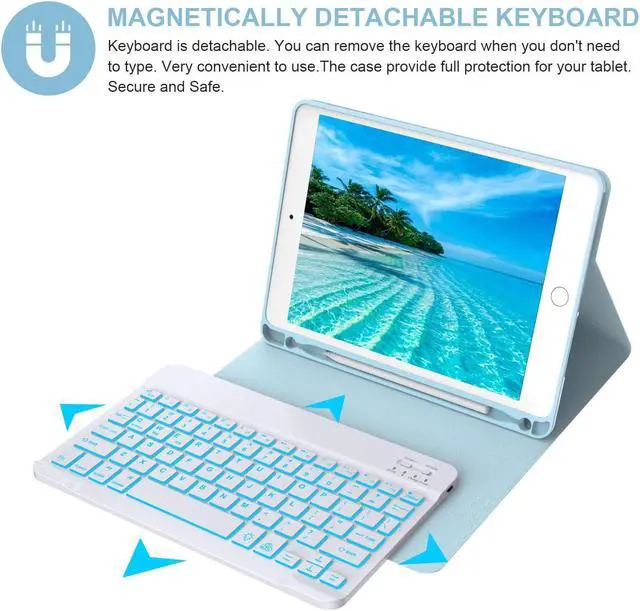 Alt view image 4 of 5 - BORIYUAN iPad Keyboard Case 9.7 inch for iPad 6th Generation(2018)/iPad 5th Gen(2017)/iPad Air 2&1/iPad Pro 9.7-7 Colors Backlit, Detachable Keyboard, Auto Wake/Sleep, Pencil Holder (Sky Blue)
