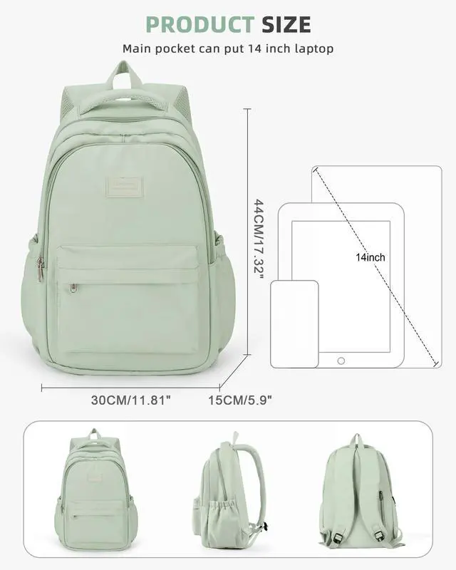 Alt view image 3 of 5 - BOXSAM Lightweight School Backpack for Women Men, Laptop Travel Casual Daypack College Secondary School Bags Bookbag for Teenage Girls Boys, Green