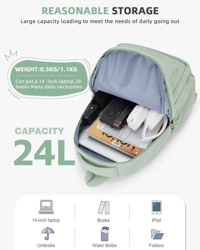 Alt view image 4 of 5 - BOXSAM Lightweight School Backpack for Women Men, Laptop Travel Casual Daypack College Secondary School Bags Bookbag for Teenage Girls Boys, Green