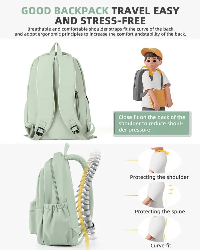 Alt view image 5 of 5 - BOXSAM Lightweight School Backpack for Women Men, Laptop Travel Casual Daypack College Secondary School Bags Bookbag for Teenage Girls Boys, Green