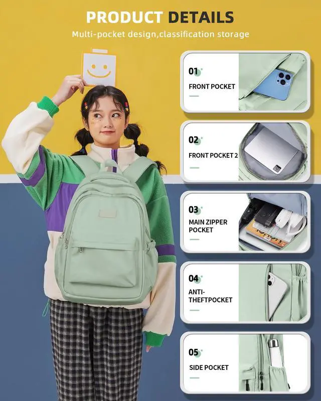 Alt view image 2 of 5 - BOXSAM Lightweight School Backpack for Women Men, Laptop Travel Casual Daypack College Secondary School Bags Bookbag for Teenage Girls Boys, Green