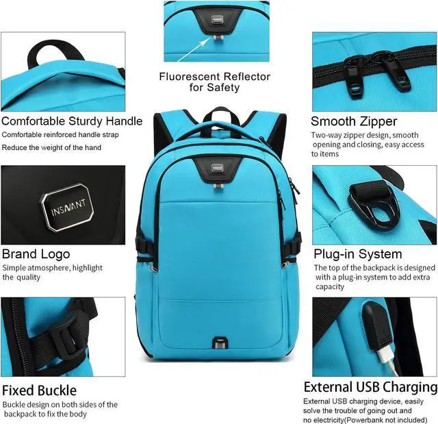 Alt view image 4 of 5 - INSAVANT Laptop Backpack 15.6 Inch Water Resistant Backpacks Durable College Travel Daypack Anti Theft with USB Charging Port Best Gift for Men Women(15.6 Inch, Sky Blue)