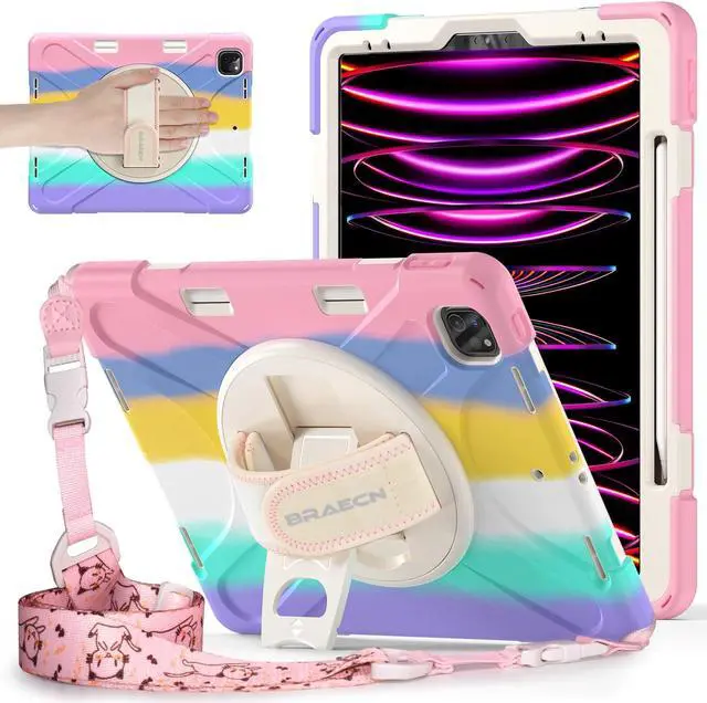 Main image of BRAECNstock Kids Case for Apple iPad Air 13 inch 2024 7th Gen iPad Pro 12.9 inch 6th 5th 4th 3rd Gen with Pen Holder Rotating Hand Strap + Stand Shockproof Protective iPad Kids Case - Colorful Pink