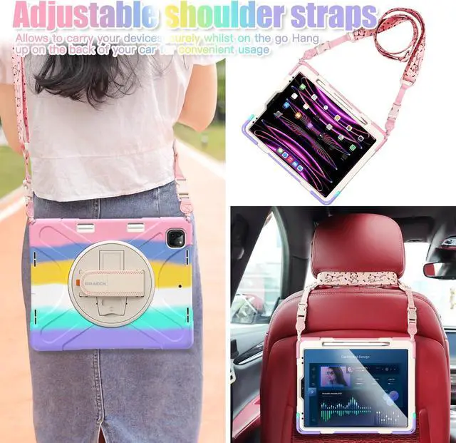 Alt view image 5 of 5 - BRAECNstock Kids Case for Apple iPad Air 13 inch 2024 7th Gen iPad Pro 12.9 inch 6th 5th 4th 3rd Gen with Pen Holder Rotating Hand Strap + Stand Shockproof Protective iPad Kids Case - Colorful Pink