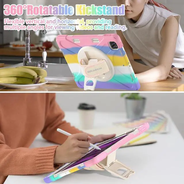Alt view image 4 of 5 - BRAECNstock Kids Case for Apple iPad Air 13 inch 2024 7th Gen iPad Pro 12.9 inch 6th 5th 4th 3rd Gen with Pen Holder Rotating Hand Strap + Stand Shockproof Protective iPad Kids Case - Colorful Pink