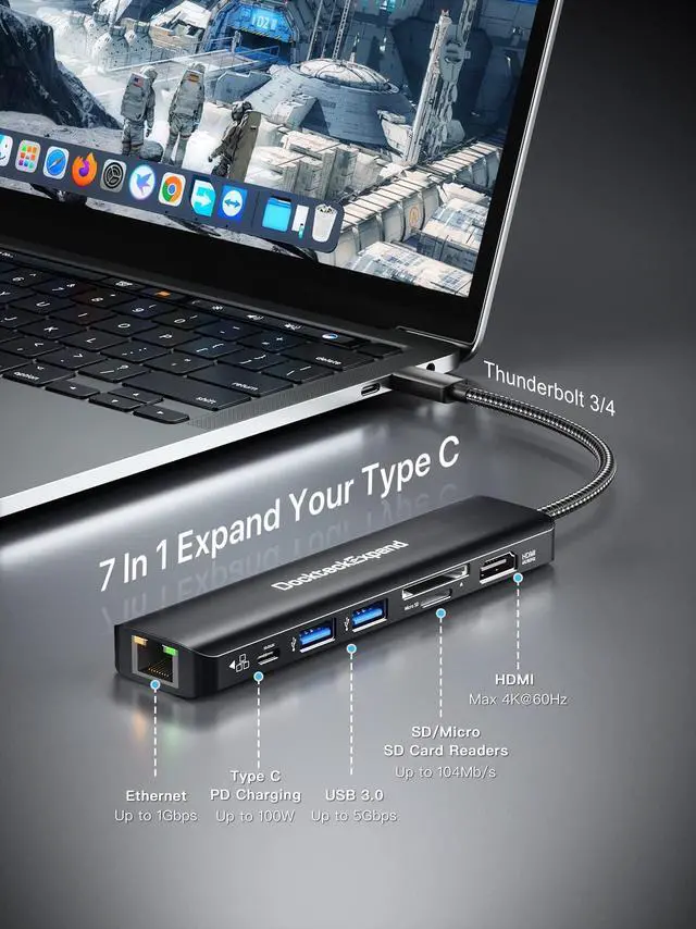 Alt view image 2 of 5 - USB C Hub Multiport Adapter, DockteckExpand USB C Dongle 7 in 1 with 4K 60Hz HDMI Port, 1Gbps Ethernet, 100W PD, 2 USB 3.0 Ports, SD/TF Card Reader for MacBook iPad HP Dell XPS and More
