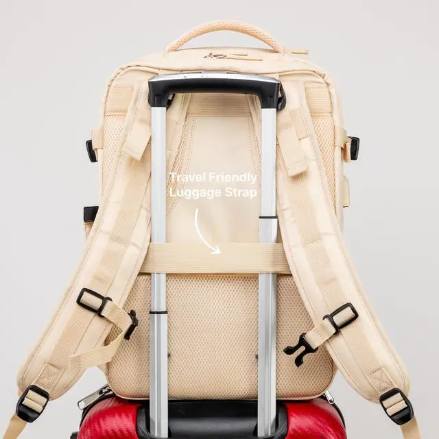 Alt view image 2 of 5 - (Not Made In China) Travel Backpack For Men and Women, Airline Approved Carry On Bag w/Shoe Compartment, Fits 16 inch Laptop Computer, Personal Item Bag w/USB Charging Port (Columbus, Beige, 1 Pack)