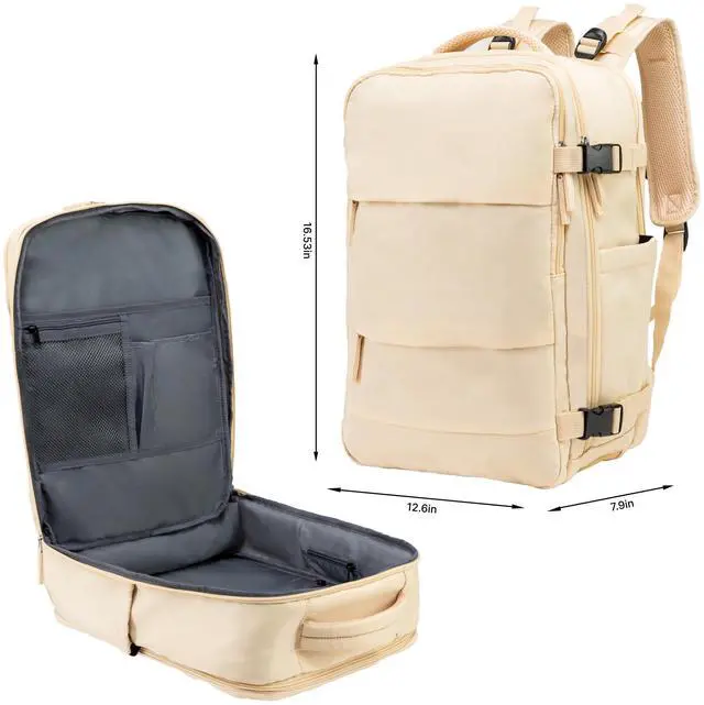 Alt view image 5 of 5 - (Not Made In China) Travel Backpack For Men and Women, Airline Approved Carry On Bag w/Shoe Compartment, Fits 16 inch Laptop Computer, Personal Item Bag w/USB Charging Port (Columbus, Beige, 1 Pack)