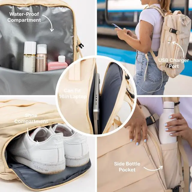 Alt view image 3 of 5 - (Not Made In China) Travel Backpack For Men and Women, Airline Approved Carry On Bag w/Shoe Compartment, Fits 16 inch Laptop Computer, Personal Item Bag w/USB Charging Port (Columbus, Beige, 1 Pack)