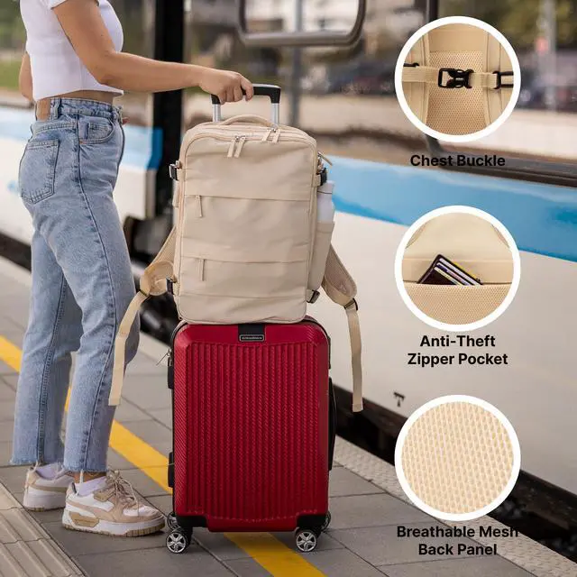 Alt view image 4 of 5 - (Not Made In China) Travel Backpack For Men and Women, Airline Approved Carry On Bag w/Shoe Compartment, Fits 16 inch Laptop Computer, Personal Item Bag w/USB Charging Port (Columbus, Beige, 1 Pack)