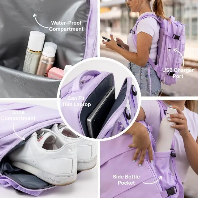 Alt view image 2 of 5 - (Not Made In China) Travel Backpack For Women Men Flight Approved, Carry On Laptop Bag, Luggage, Personal Item Backpack Bag, Casual Daypack (Lavender)