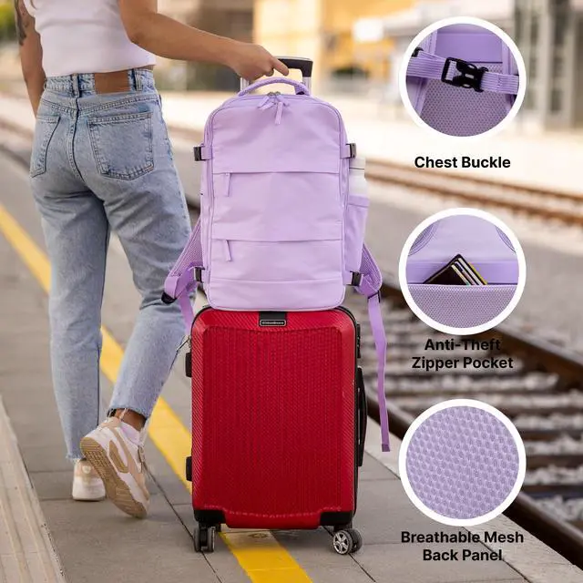 Alt view image 4 of 5 - (Not Made In China) Travel Backpack For Women Men Flight Approved, Carry On Laptop Bag, Luggage, Personal Item Backpack Bag, Casual Daypack (Lavender)