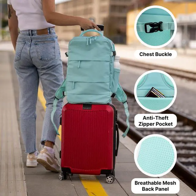 Alt view image 2 of 5 - (Not Made In China) Travel Backpack For Women, Airline Approved Carry On Laptop Bag, Luggage, Personal Item Backpack Bag, Casual Daypack (Mint)
