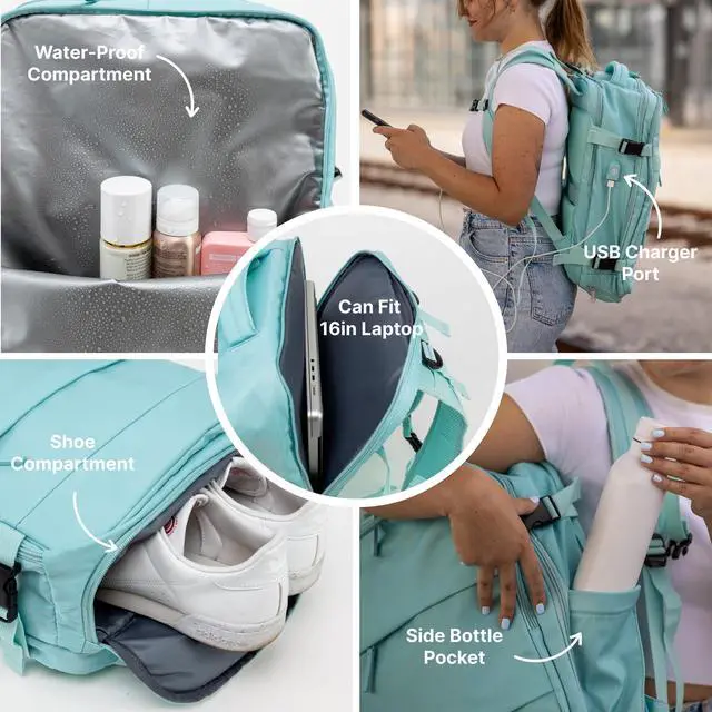 Alt view image 4 of 5 - (Not Made In China) Travel Backpack For Women, Airline Approved Carry On Laptop Bag, Luggage, Personal Item Backpack Bag, Casual Daypack (Mint)