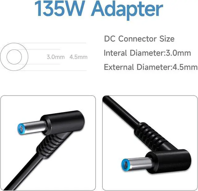 Alt view image 2 of 5 - 135W AC Adapter Laptop Charger Fit for HP Spectre x360 15 16 2-in-1, Omen 15 17, Pavilion Gaming 15 17 15-ec0013dx 15-ec0751ms L15534-001 TPN-DA11 TPN-CA13 Power Supply Cord (4.5mm * 3.0mm)