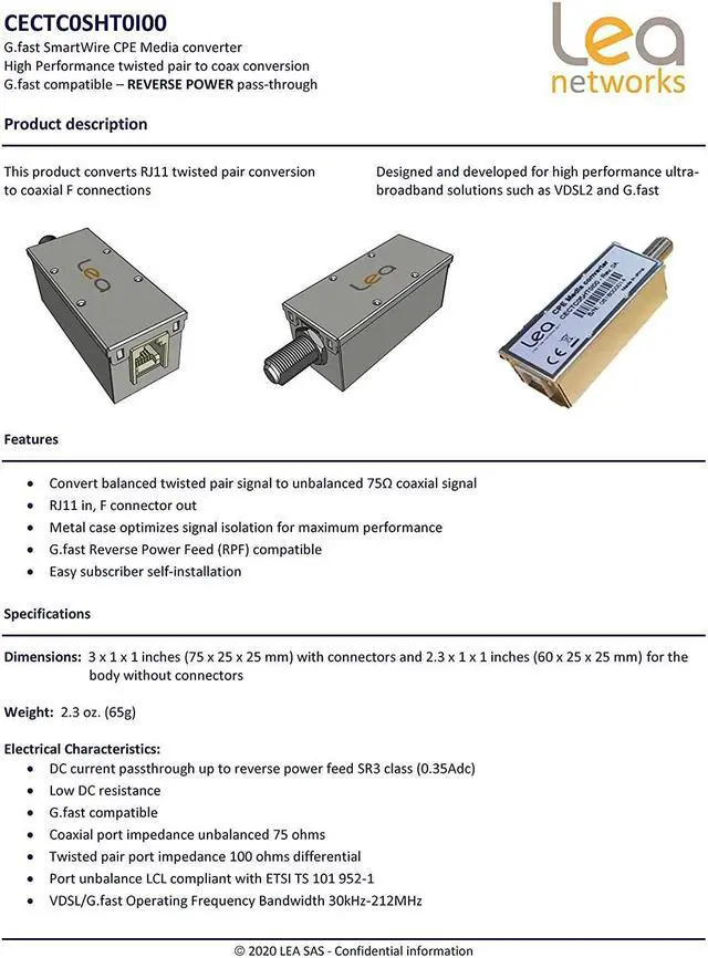 Alt view image 3 of 5 - Lea Networks Balun Media Converter, 75ohm Coax to 100ohm Twisted Pair, G.Fast & G.hn