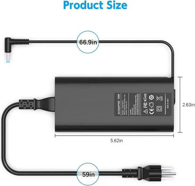 Alt view image 3 of 5 - 150W 19.5V 7.7A HP Laptop Charger for HP Zbook 15 G3 G4 G5 G6, HP Pavilion Gaming 15 17, HP Omen 15 17, HP Envy 15t, 776620-001 AC Adapter Power Supply 4.5MM*3.0MM