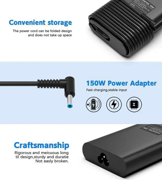 Alt view image 4 of 5 - 150W 19.5V 7.7A HP Laptop Charger for HP Zbook 15 G3 G4 G5 G6, HP Pavilion Gaming 15 17, HP Omen 15 17, HP Envy 15t, 776620-001 AC Adapter Power Supply 4.5MM*3.0MM