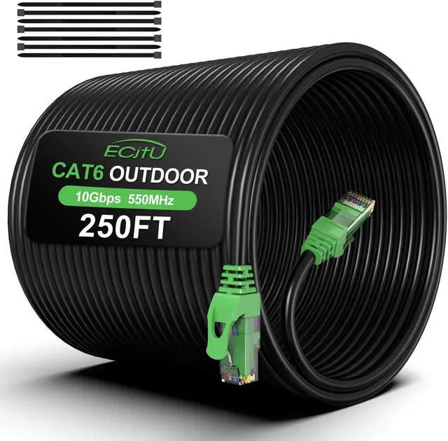 Main image of 250FT Cat6 Outdoor Ethernet Cable, In-Ground, Heavy Duty Direct Burial, 24AWG CCA Patch Cord for Laptops, PCs, Routers, Printers, Surveillance Camera, PoE, UTP Cat 6 Internet Cable with 25 Cable Ties