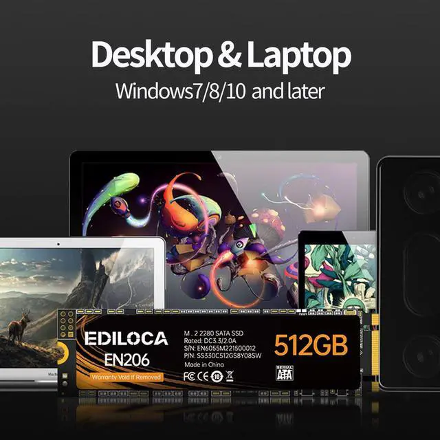 Alt view image 5 of 5 - Ediloca EN206 512GB 3D NAND TLC M.2 SSD, M.2 2280 SATA III 6Gb/s SSD Internal Hard Drive, Read/Write Speed up to 550/460 MB/s, Compatible with Ultrabooks, Tablet Computers and Mini PCs