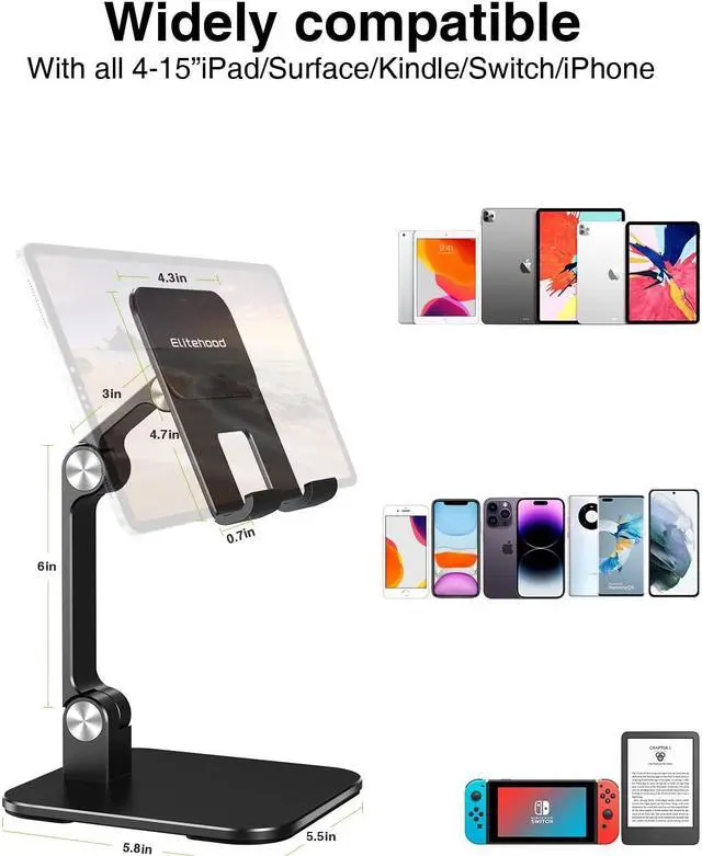 Alt view image 4 of 5 - elitehood Aluminum iPad Stand for Desk [Ultra-Stable & Sturdy], Height Adjustable Tablet Stand, Portable Stand Holder Dock for Home Office, Compatible with iPad Pro 12.9, iPad Air Mini 6 5 4 3, Black
