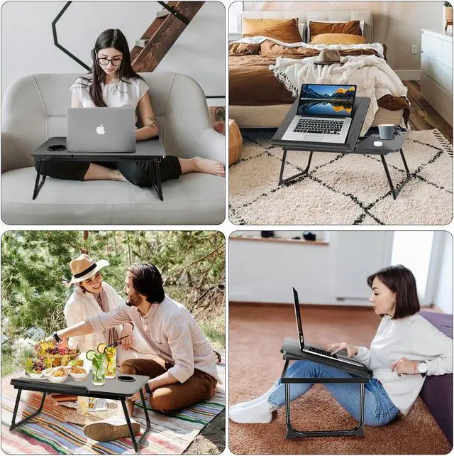 Alt view image 5 of 5 - Laptop Desk for Bed Couch,Lap Desk for Laptop,Portable Laptop Stand for Desk,Small Adjustable Laptop Desk,Foldable Bed Table for Laptops and Writing, Bed Tray Table with Cup Holder(Black)