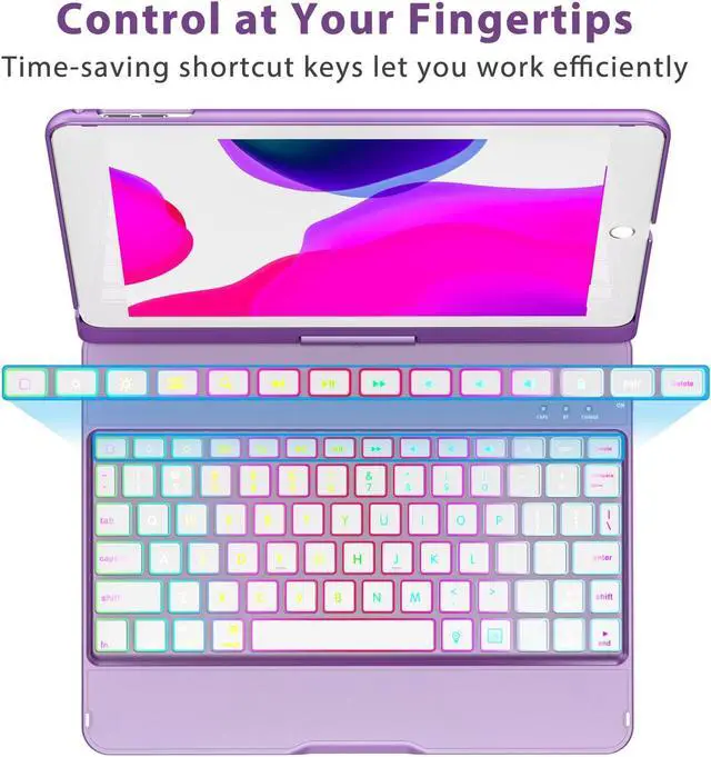Alt view image 3 of 5 - MMK iPad Keyboard Case for iPad 6th Gen 2018,5th Gen 2017, Pro 9.7, Air 2,Air 1, Backlit 10 Color 360 Screen Rotation Case with Keyboard, Auto Sleep/Wake - Violet