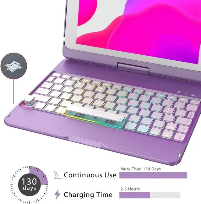 Alt view image 4 of 5 - MMK iPad Keyboard Case for iPad 6th Gen 2018,5th Gen 2017, Pro 9.7, Air 2,Air 1, Backlit 10 Color 360 Screen Rotation Case with Keyboard, Auto Sleep/Wake - Violet