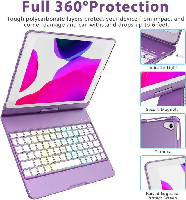 Alt view image 5 of 5 - MMK iPad Keyboard Case for iPad 6th Gen 2018,5th Gen 2017, Pro 9.7, Air 2,Air 1, Backlit 10 Color 360 Screen Rotation Case with Keyboard, Auto Sleep/Wake - Violet