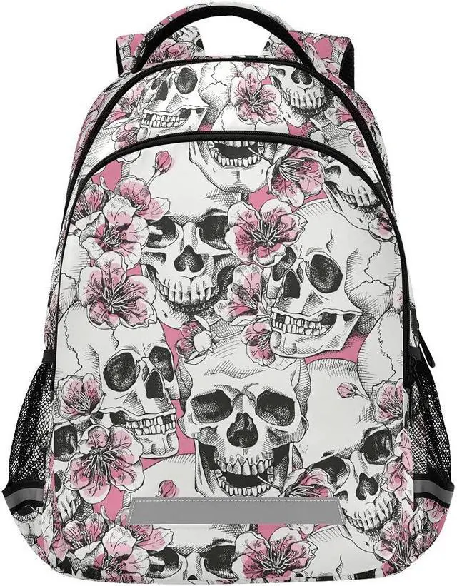 Main image of MNSRUU School Backpack with Chest Strap, Halloween Skull Flowers And Pink Cherries Laptop Backpack, Travel Hiking Backpack for Boys Girls, Rucksack, Knapsack