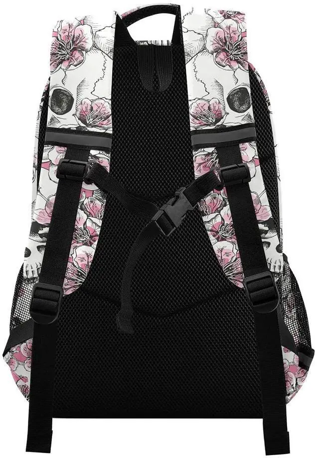 Alt view image 2 of 5 - MNSRUU School Backpack with Chest Strap, Halloween Skull Flowers And Pink Cherries Laptop Backpack, Travel Hiking Backpack for Boys Girls, Rucksack, Knapsack