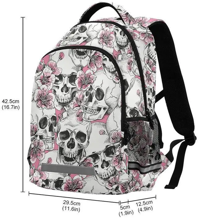Alt view image 3 of 5 - MNSRUU School Backpack with Chest Strap, Halloween Skull Flowers And Pink Cherries Laptop Backpack, Travel Hiking Backpack for Boys Girls, Rucksack, Knapsack