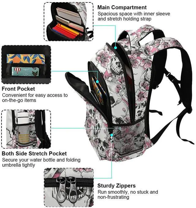 Alt view image 5 of 5 - MNSRUU School Backpack with Chest Strap, Halloween Skull Flowers And Pink Cherries Laptop Backpack, Travel Hiking Backpack for Boys Girls, Rucksack, Knapsack