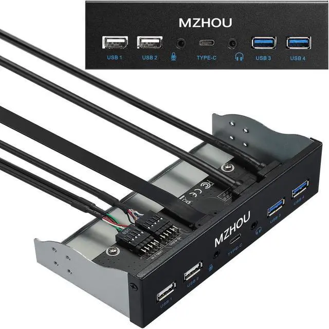 Main image of MZHOU USB2.0 + 3.0 Metal Front, 5.25 inch 19Pin Front Panel Adapter, 4 USB 3.0 Port hubs and (1HD Audio Port / 1TPY-C Port / 1 Microphone Input)