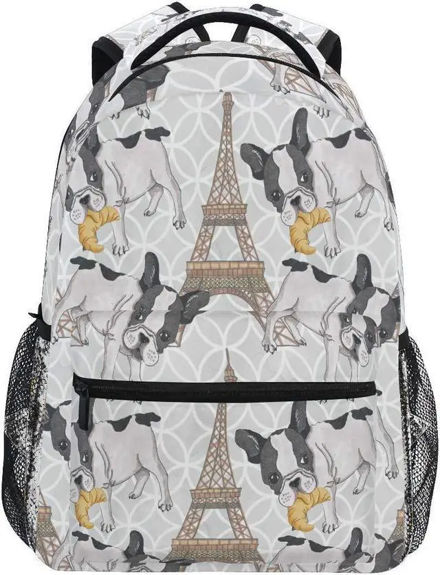 Main image of AUUXVA Backpack Paris Eiffel Tower French Bulldog School Shoulder Bag Large Waterproof Durable Bookbag Laptop Daypack for Students Teens Girls Boys Elementary