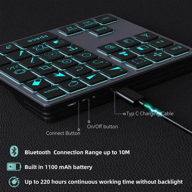 Alt view image 4 of 5 - Doohoeek Bluetooth Shortcut Keyboard for Adobe Photoshop for PC Computer, Desktop, iPad & MacBook, PS Shortcut Hotkeys Keypad Rechargeable with 7-Color Backlit Key for MacOS, iOS & Windows