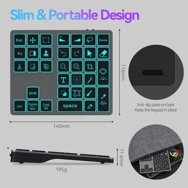Alt view image 5 of 5 - Doohoeek Bluetooth Shortcut Keyboard for Adobe Photoshop for PC Computer, Desktop, iPad & MacBook, PS Shortcut Hotkeys Keypad Rechargeable with 7-Color Backlit Key for MacOS, iOS & Windows