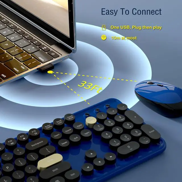 Alt view image 4 of 5 - Links9+ Wireless Keyboard and Mouse Combos, Retro Keyboard and Mouse Wireless Full Size, 2.4Ghz Connection and Optical Mouse for Windows, Mac, PC, Laptop for Home and Office (Jewel Blue-Black)