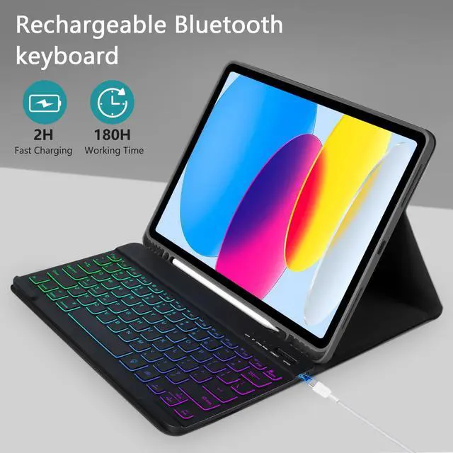 Alt view image 4 of 5 - FUWANG iPad 10th Generation Case with Keyboard 10.9 inch 2022 - Detachable 7 Colors Backlit Wireless Bluetooth Folio Keyboard Case for iPad 10th Generation with Pencil Holder