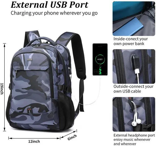 Alt view image 2 of 5 - DUSLANG 17 Inch Travel Laptop Backpack Water Resistant Hiking Backpack for Men Laptop Bag with USB Charging Port,Camouflage green