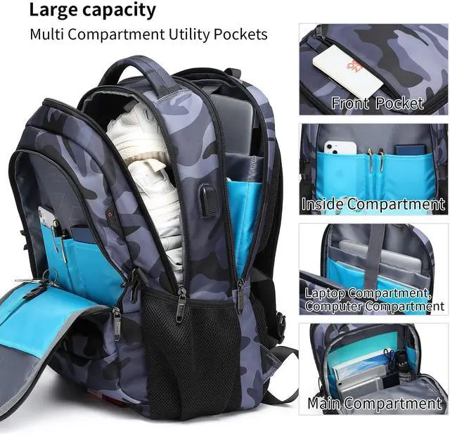 Alt view image 3 of 5 - DUSLANG 17 Inch Travel Laptop Backpack Water Resistant Hiking Backpack for Men Laptop Bag with USB Charging Port,Camouflage green