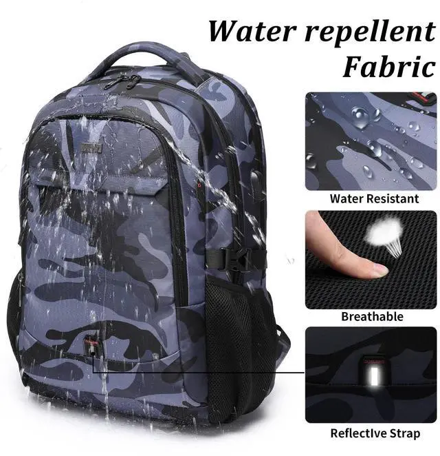 Alt view image 5 of 5 - DUSLANG 17 Inch Travel Laptop Backpack Water Resistant Hiking Backpack for Men Laptop Bag with USB Charging Port,Camouflage green