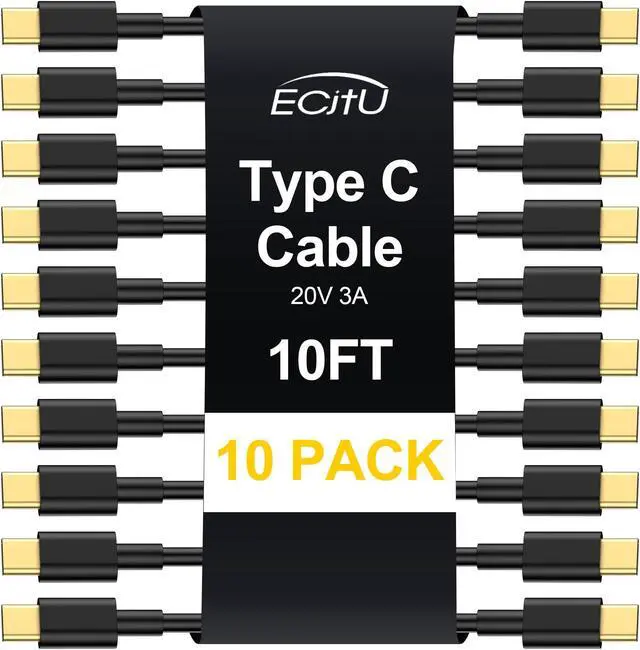 Main image of USB C to USB C Cable 10FT (10 Pack), Type C Fast Charging Cord, 20V/3A 60W(MAX) Charger Compatible with Samsung S23/S22/S21/S20, Note 20/10, iPad Pro 12.9/11 Air/Mini, MacBook Pro/Air, PS5 Controller