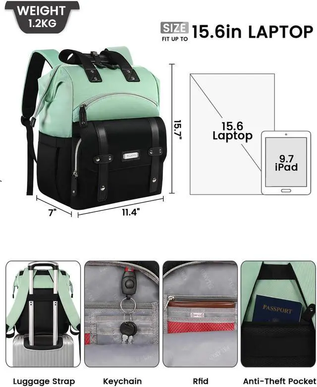 Alt view image 2 of 5 - YALIXIAN Laptop Backpack for Women,College Work Teacher backpack for 15.6 Inch laptop with USB Charging Port,Travel Anti Theft Laptops Backpack RFID Anti Theft, Shoulder Purse Bags Green Black